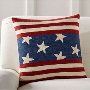 New Pottery Barn Americana Flag Embroidered Linen Pillow Cover, 18”